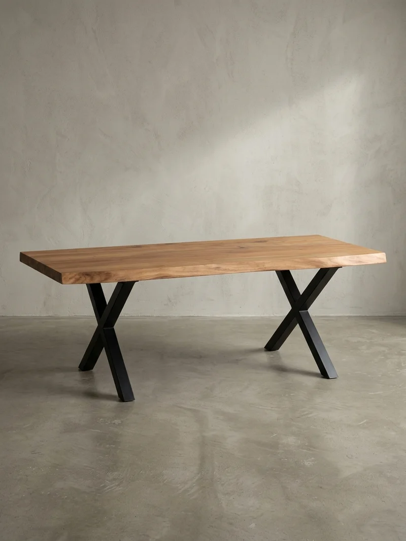 Couchtisch Braun Massivholz Akazie Baumkante 120x60x46cm, Metallbeine X-Form
