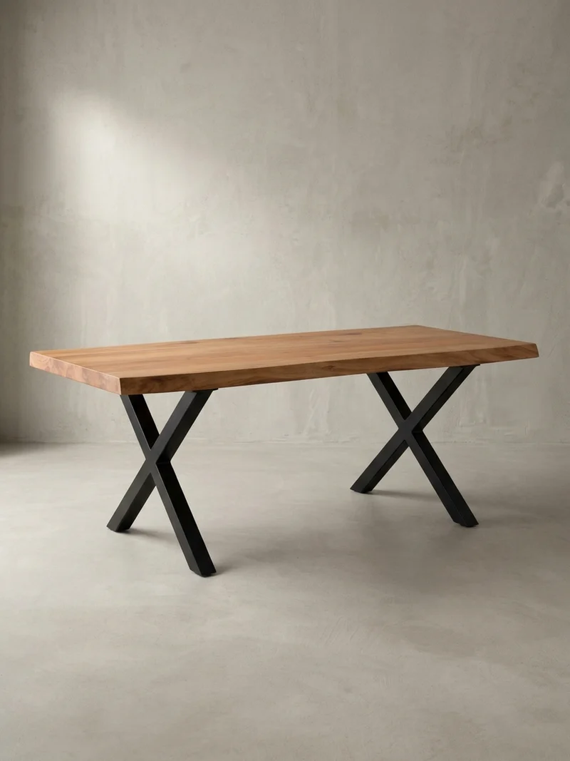 Couchtisch Braun Massivholz Akazie Baumkante 120x60x46cm, Metallbeine X-Form
