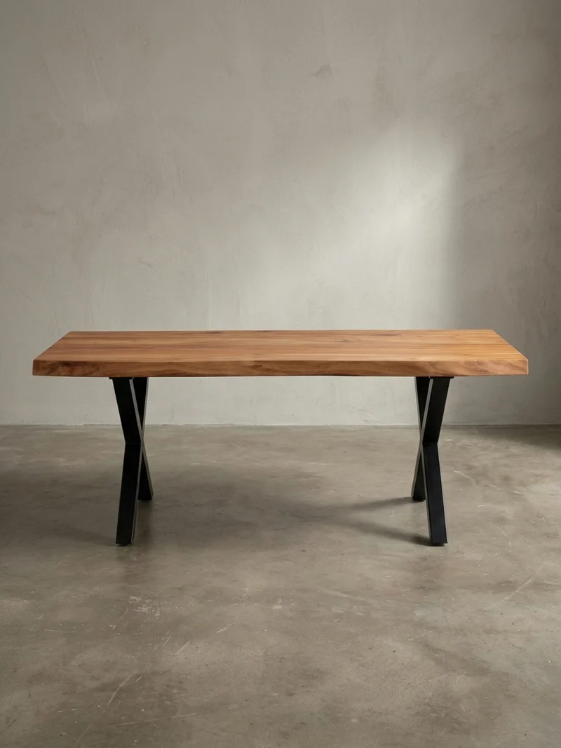 Couchtisch Braun Massivholz Akazie Baumkante 120x60x46cm, Metallbeine X-Form