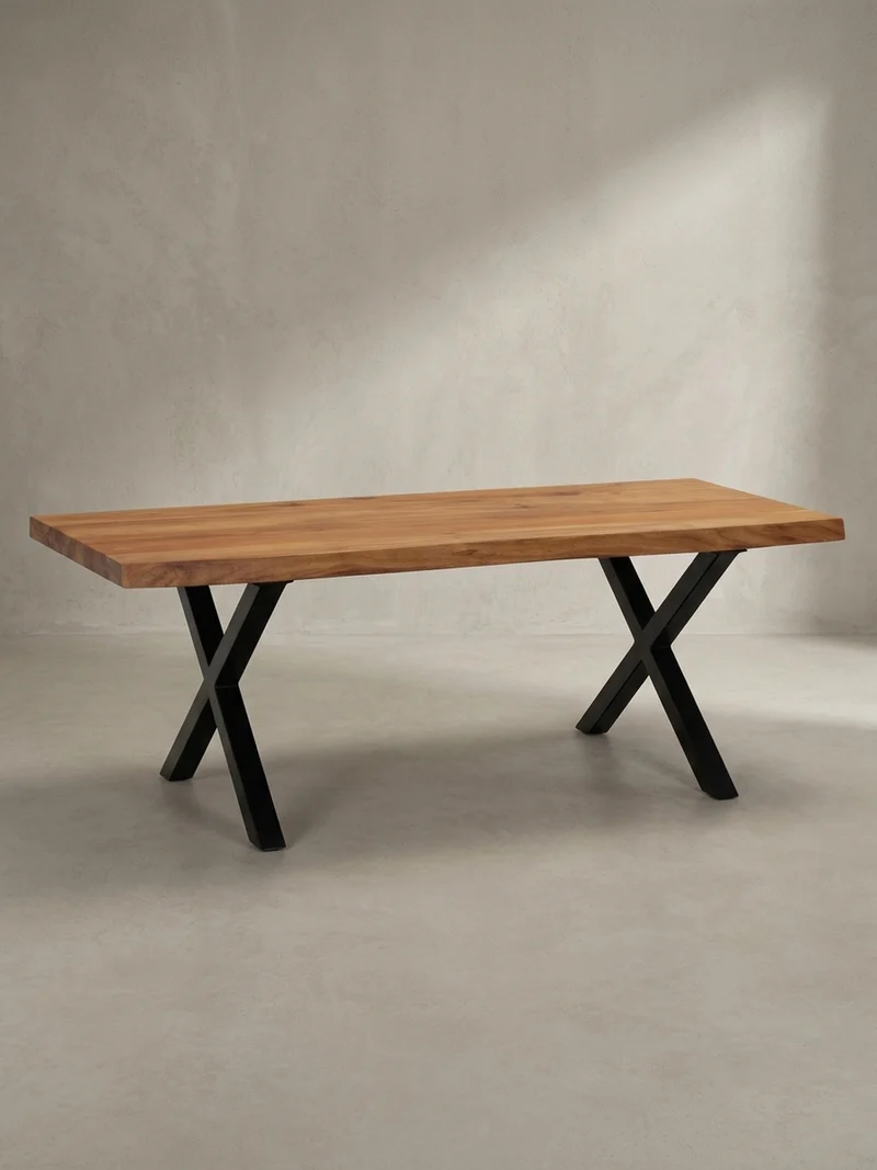 Couchtisch Braun Massivholz Akazie Baumkante 120x60x46cm, Metallbeine X-Form