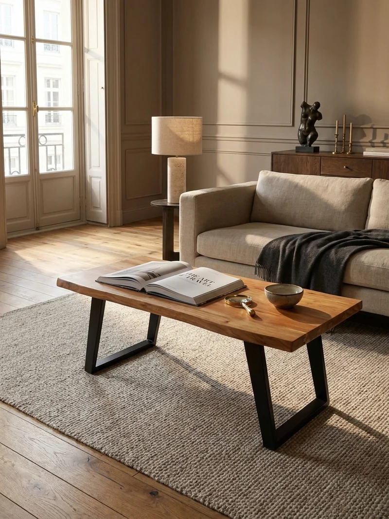 Couchtisch Braun Akazie Massivholz Baumkante 120x60x46 cm, Metallbeine U-Form