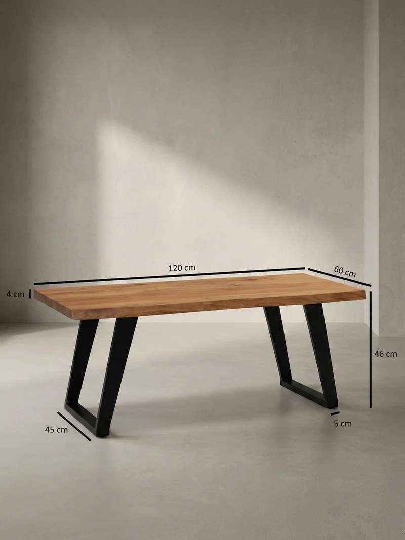 Couchtisch Braun Akazie Massivholz Baumkante 120x60x46 cm, Metallbeine U-Form