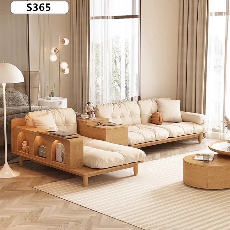 Japandi-Sofa aus Massivholz mit drehbarer Armlehnenablage und anhebbarem Beistelltisch