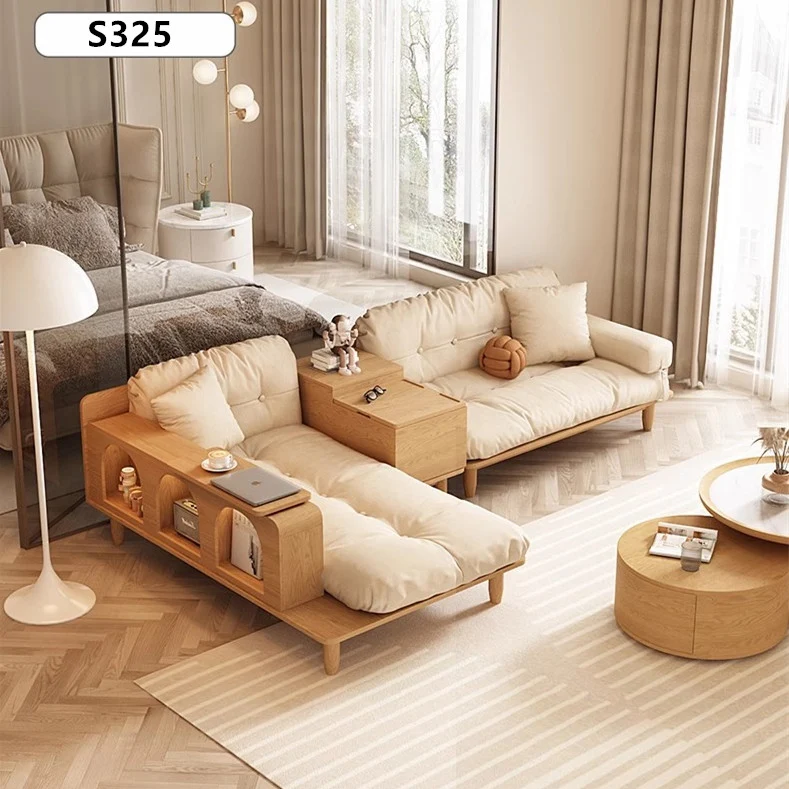 Japandi-Sofa aus Massivholz mit drehbarer Armlehnenablage und anhebbarem Beistelltisch