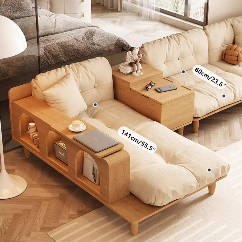 Japandi-Sofa aus Massivholz mit drehbarer Armlehnenablage und anhebbarem Beistelltisch