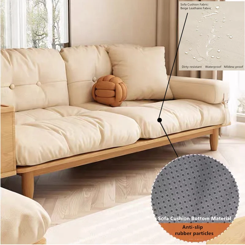 Japandi-Sofa aus Massivholz mit drehbarer Armlehnenablage und anhebbarem Beistelltisch