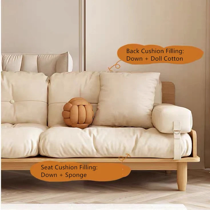 Japandi-Sofa aus Massivholz mit drehbarer Armlehnenablage und anhebbarem Beistelltisch