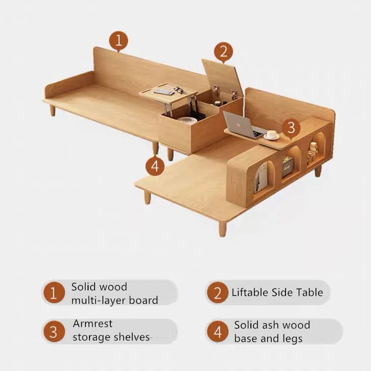 Japandi-Sofa aus Massivholz mit drehbarer Armlehnenablage und anhebbarem Beistelltisch