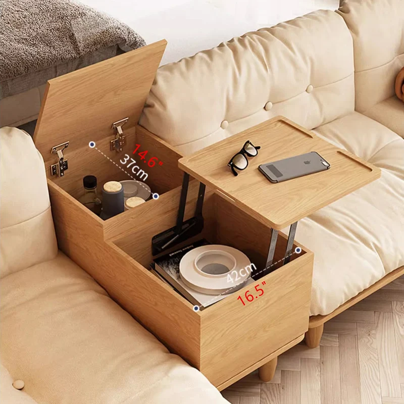 Japandi-Sofa aus Massivholz mit drehbarer Armlehnenablage und anhebbarem Beistelltisch