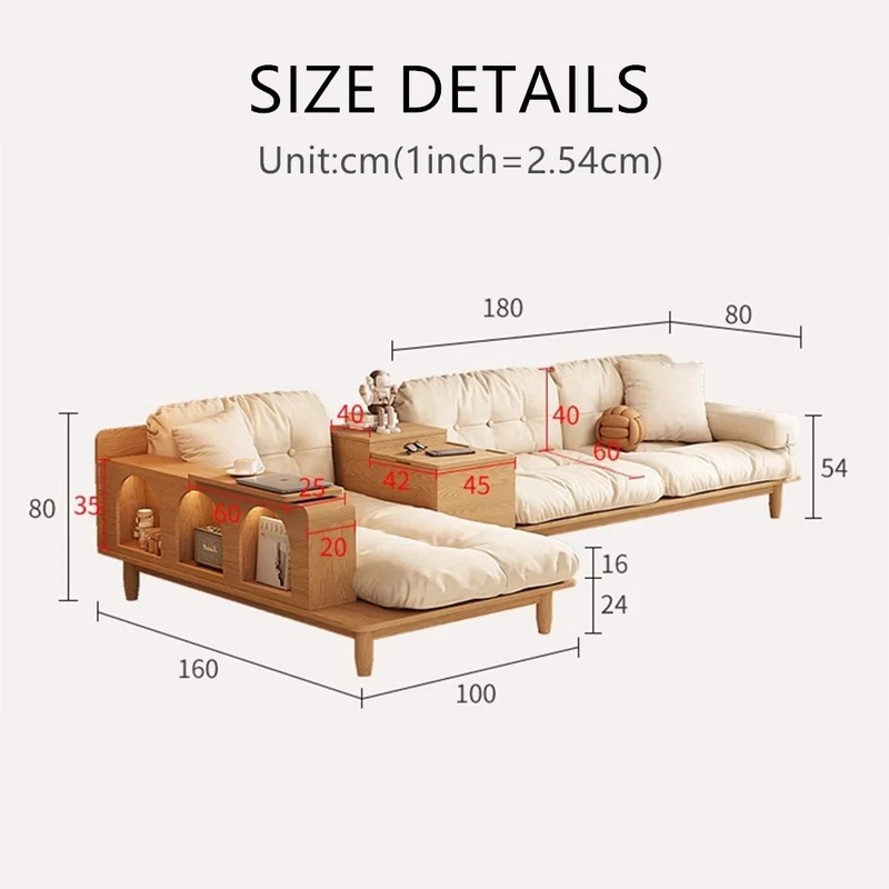 Japandi-Sofa aus Massivholz mit drehbarer Armlehnenablage und anhebbarem Beistelltisch