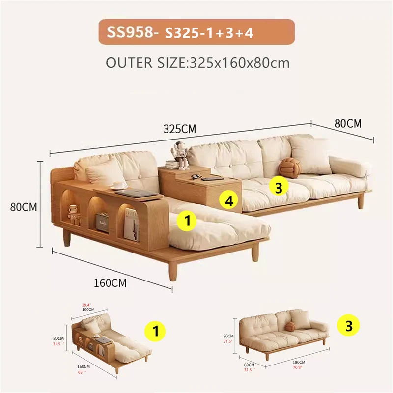 Japandi-Sofa aus Massivholz mit drehbarer Armlehnenablage und anhebbarem Beistelltisch