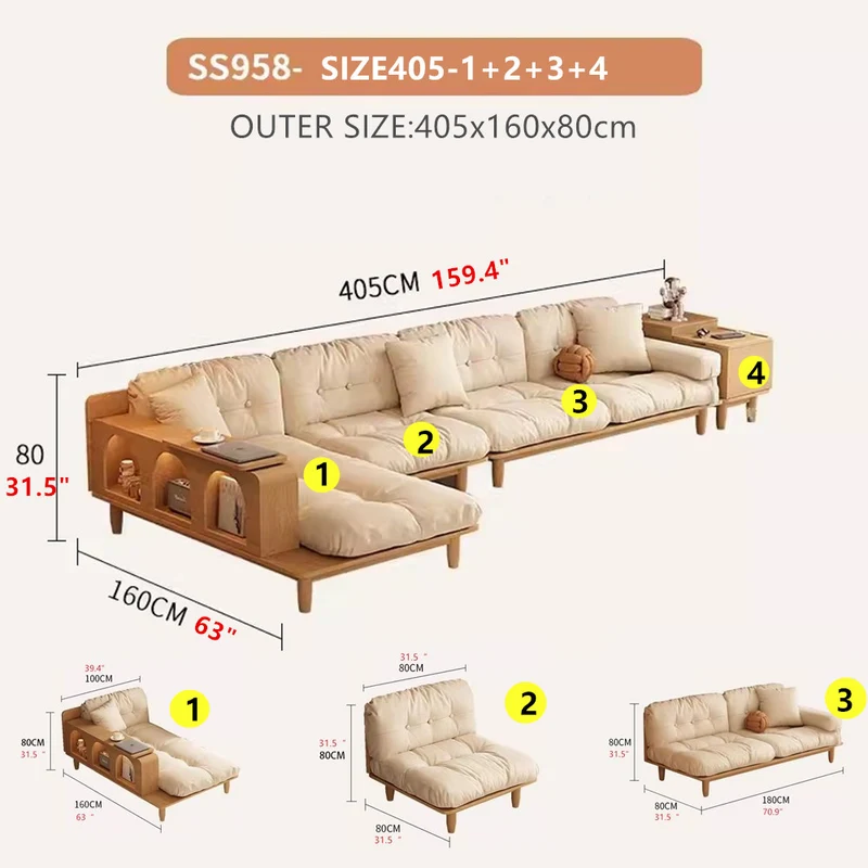 Japandi-Sofa aus Massivholz mit drehbarer Armlehnenablage und anhebbarem Beistelltisch