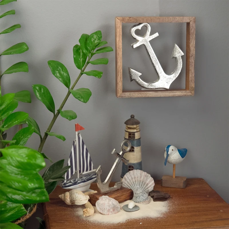 METALL WANDBILD | 20 cm, Metall, Mangoholz | Wanddeko | Muster: Anker