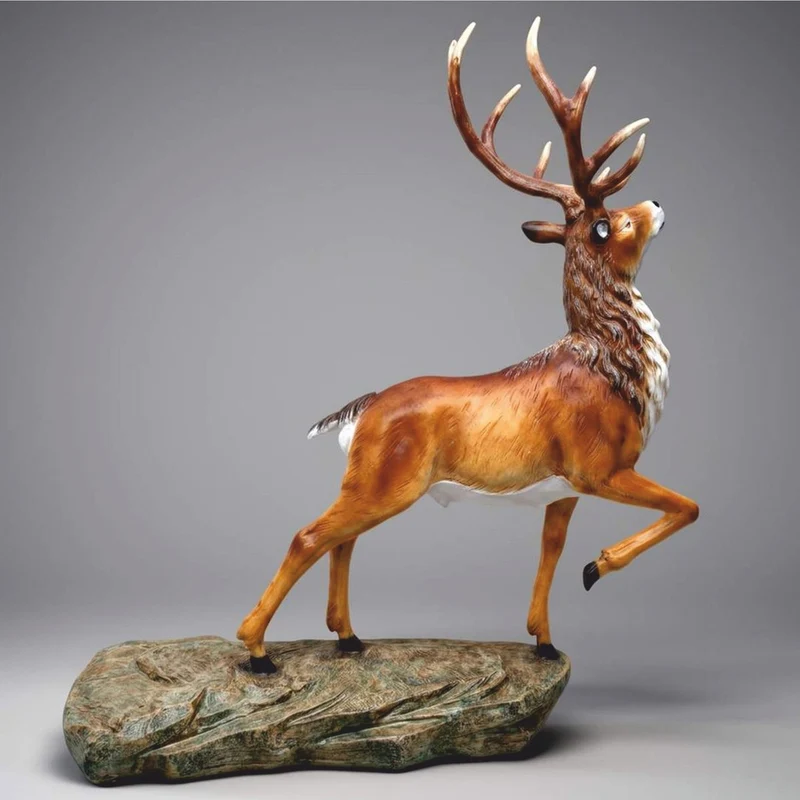 Casa Padrino XXL Deko Skulptur Hirsch auf Felsen Braun / Weiß H. 200 cm - Lebensgroße Garten Figur