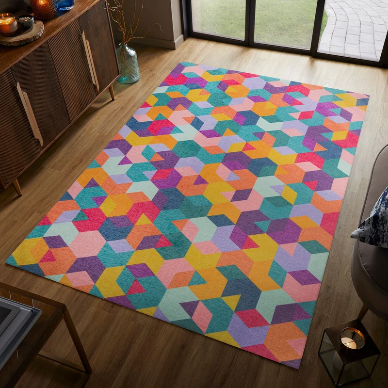 Waschbarer Teppich Hexagon Geometrisch, Wohnzimmer schmutzabweisend