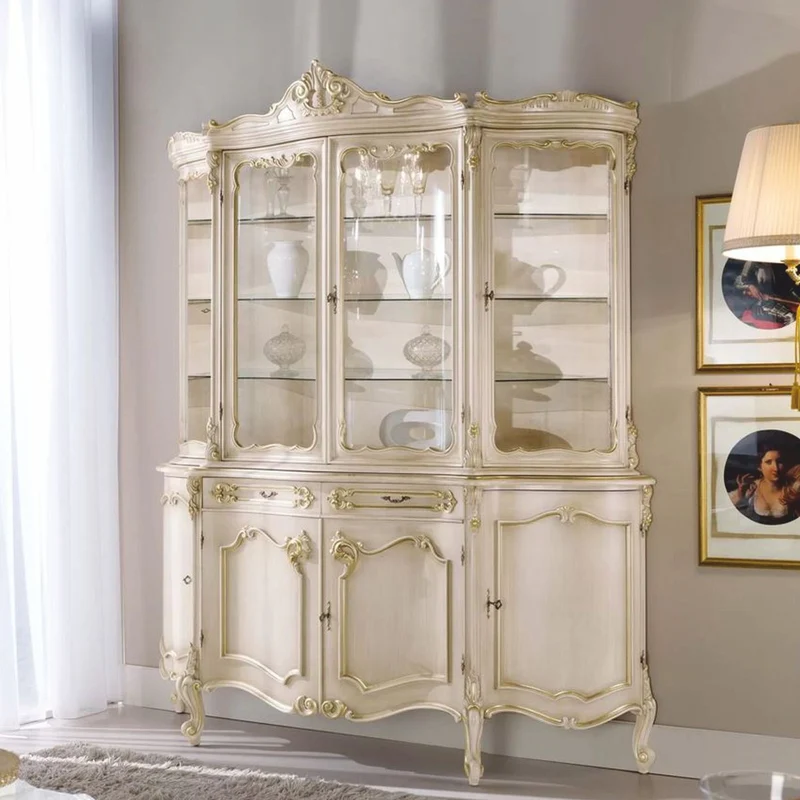 Casa Padrino Luxus Barock Vitrine Weiß / Gold 185 x H. 223 cm - Prunkvoller Vitrinenschrank mit 8 Türen und 2 Schubladen - Made in Italy