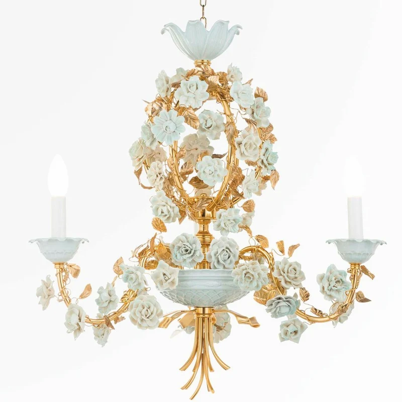 Casa Padrino Luxus Barock Kronleuchter Gold / Weiß / Grün Ø 58 cm - Prunkvoller Kronleuchter mit Porzellan Blumen - Made in Italy
