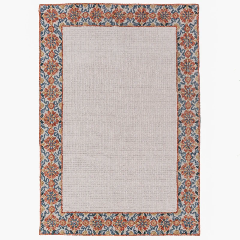 Teppich Kurzflor Unifarben, Floral Bordüre, Wohnzimmer