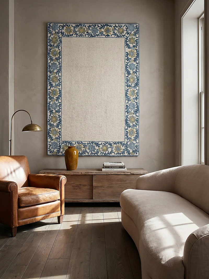 Teppich Kurzflor Unifarben, Floral Bordüre, Wohnzimmer
