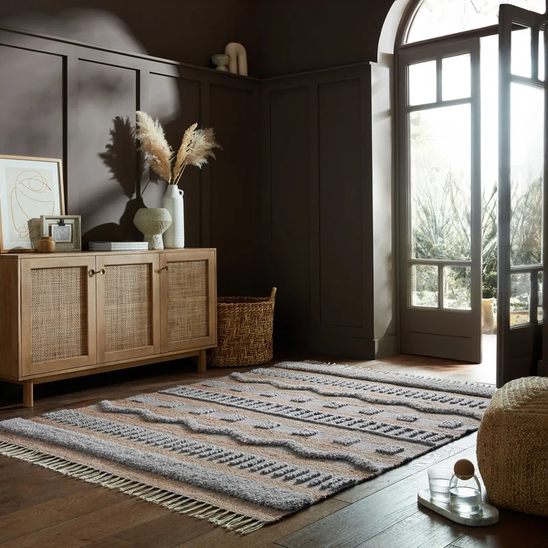 Teppich Hoch-Tief Struktur Gestreift, Ethno-Stil, mit Fransen wendbar, Esszimmer