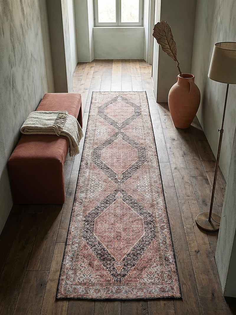 Waschbarer Flachgewebe-Teppich · Medaillon Rosa-Blau