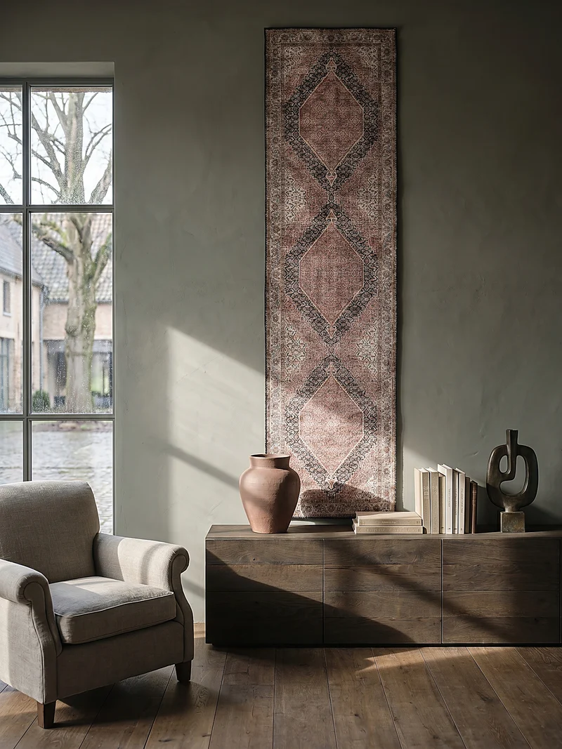 Waschbarer Flachgewebe-Teppich · Medaillon Rosa-Blau