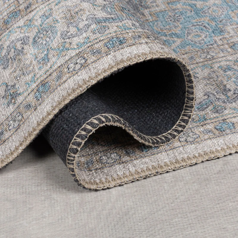 Waschbarer Flachgewebe-Teppich · Medaillon Rosa-Blau