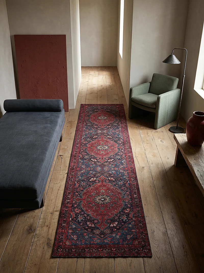 Waschbarer Flachgewebe-Teppich · Medaillon Rot