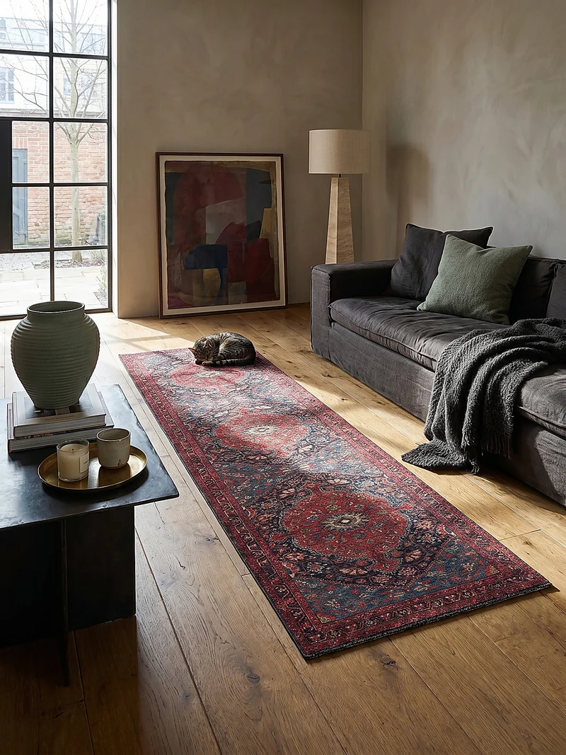 Waschbarer Flachgewebe-Teppich · Medaillon Rot