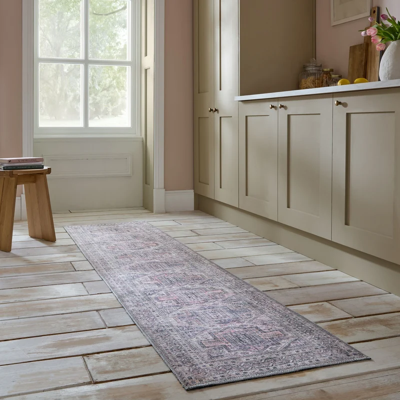 Flachgewebe-Teppich Vintage-Geometrie · Grau-Rosa · waschbar