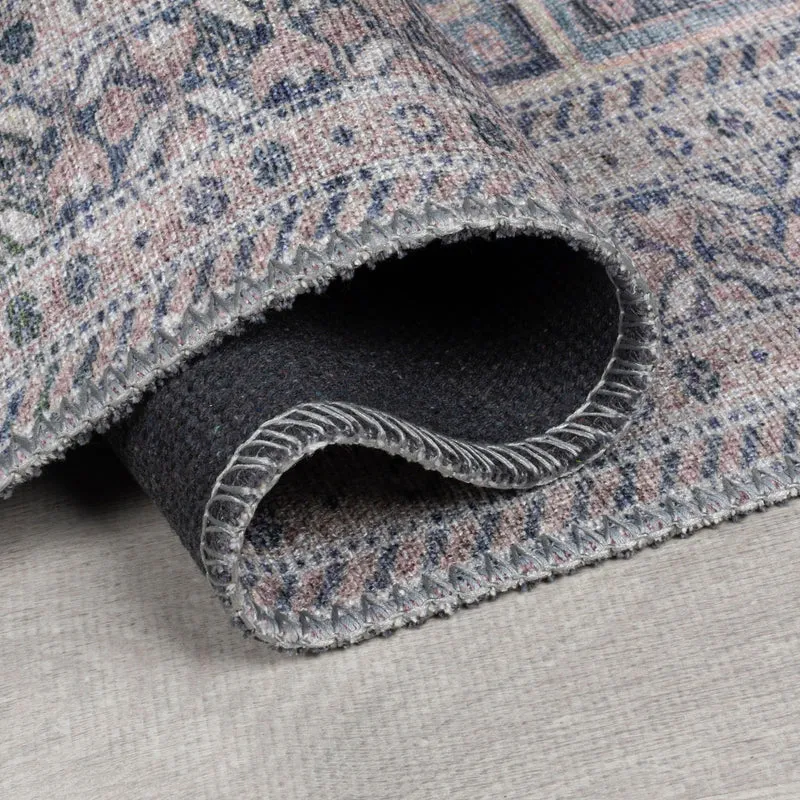 Flachgewebe-Teppich Vintage-Geometrie · Grau-Rosa · waschbar
