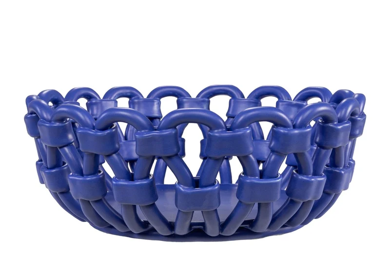 Casa Padrino Luxus Schale Blau Ø 31,5 x H. 12 cm - Runde Deko Schale aus hochwertiger Keramik mit seilartig gewundener Struktur - Luxus Deko Accessoires