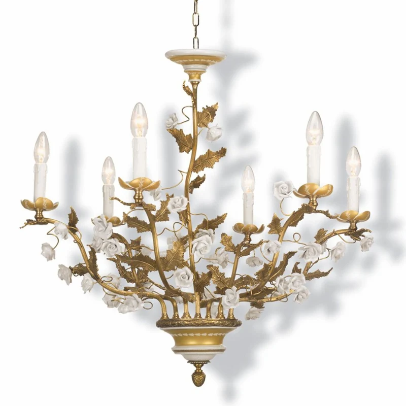 Casa Padrino Luxus Barock Kronleuchter Gold / Weiß Ø 80 cm - Prunkvoller Messing Kronleuchter mit Porzellan Blumen - Made in Italy