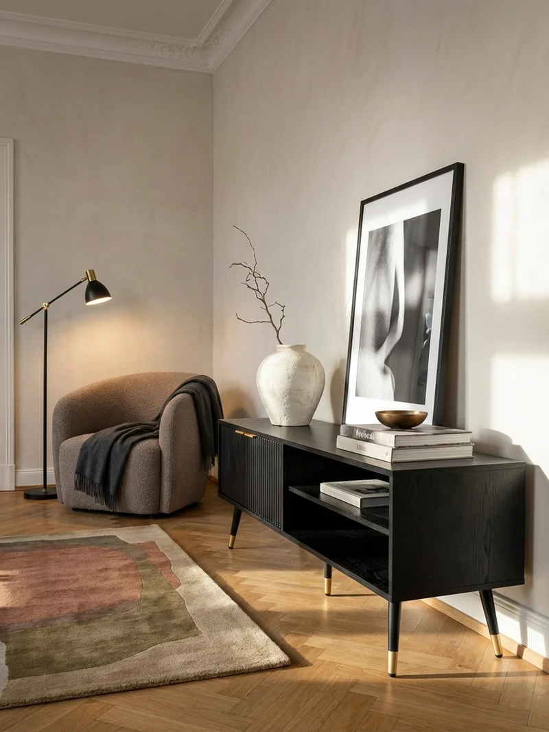 Lowboard Schwarz Eiche-Dekor Modern Stil 150x51x39 cm mit Türen und Ablagefächern