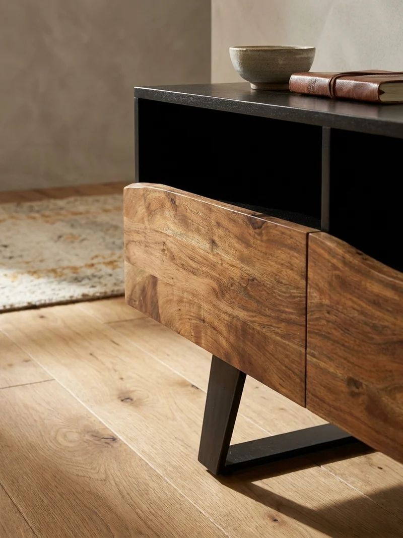 Lowboard Akazie Massivholz Modern Stil 140x50x40 cm Baumkante mit Schublade und Türen