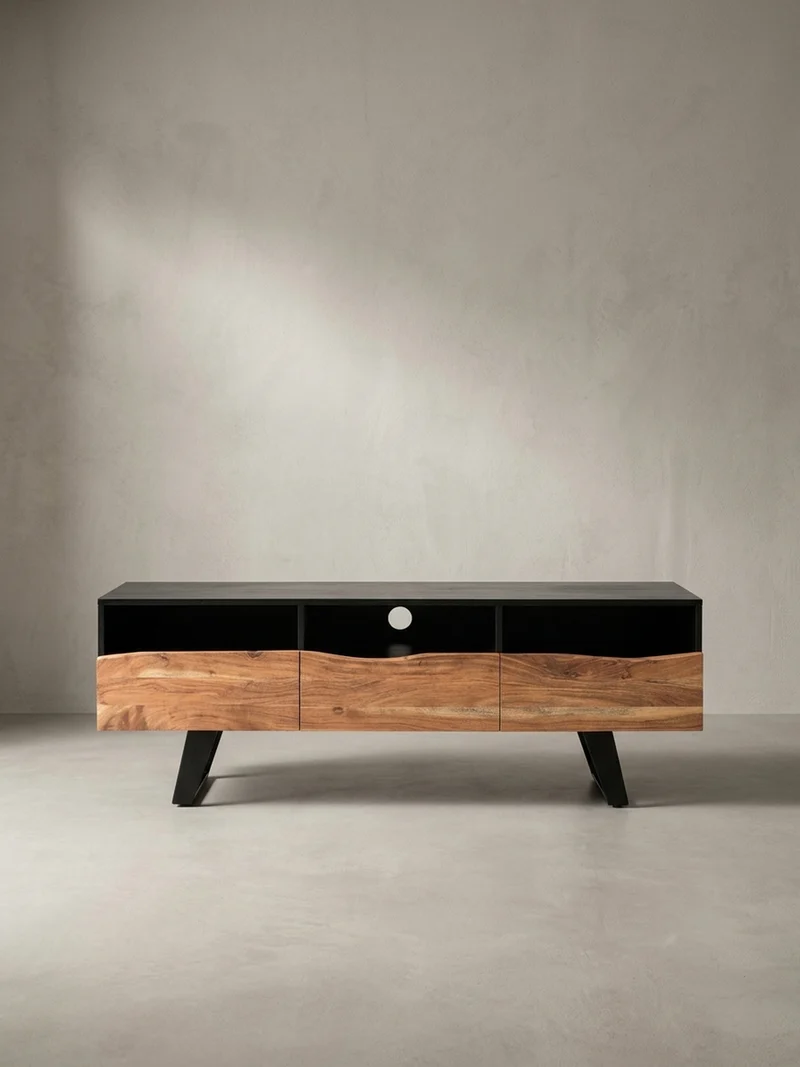 Lowboard Akazie Massivholz Modern Stil 140x50x40 cm Baumkante mit Schublade und Türen