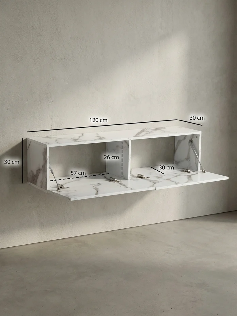 TV-Lowboard hängend, Marmor-Optik, Klapptüren, modern