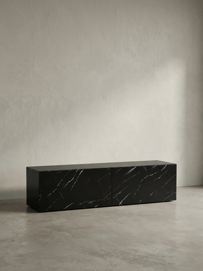 TV-Lowboard hängend, Marmor-Optik, Klapptüren, modern