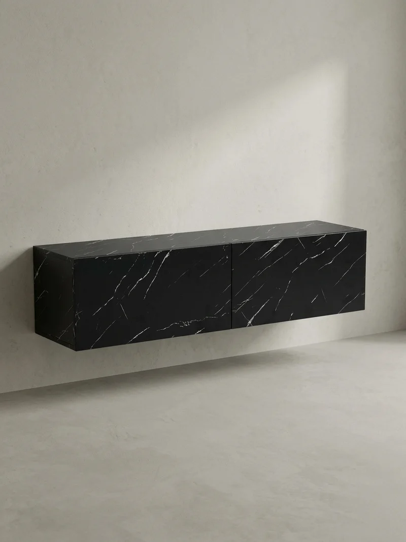 TV-Lowboard hängend, Marmor-Optik, Klapptüren, modern