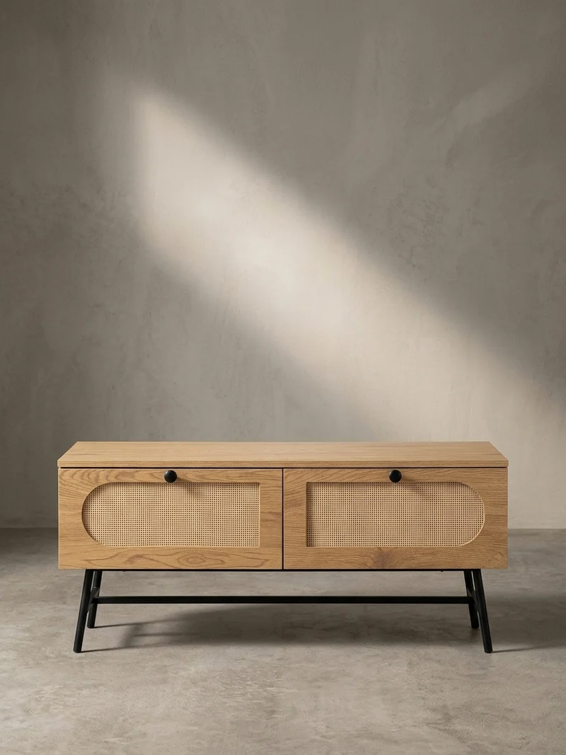 Lowboard Eiche-Dekor Rattan Modern Stil 100x45x40 cm mit Schubladen