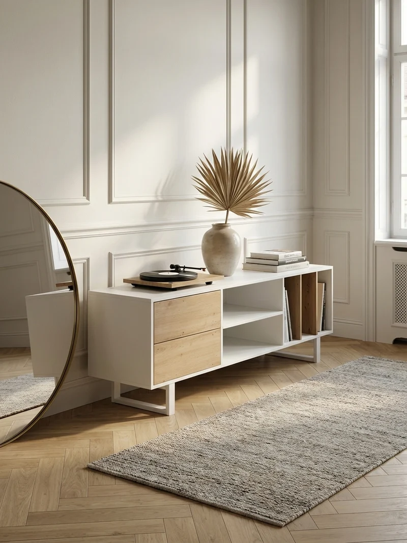 TV-Lowboard mit Eiche-Dekor, Schubladen und offenes Regal, modern