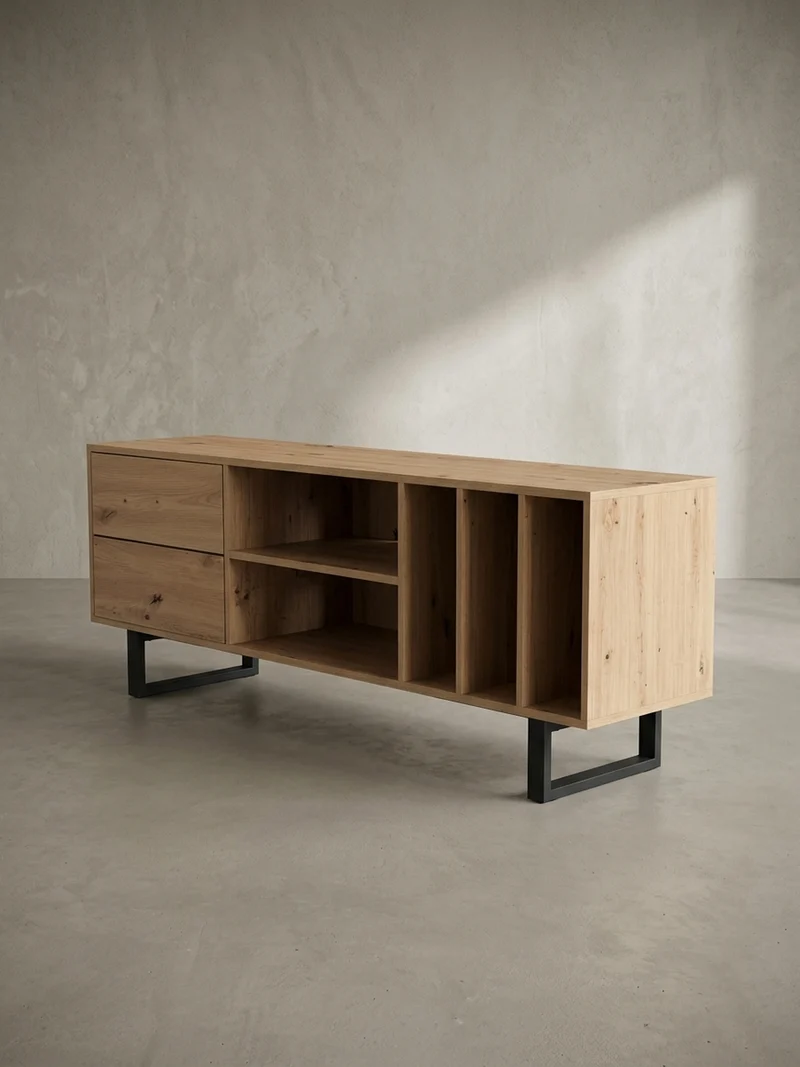TV-Lowboard mit Eiche-Dekor, Schubladen und offenes Regal, modern