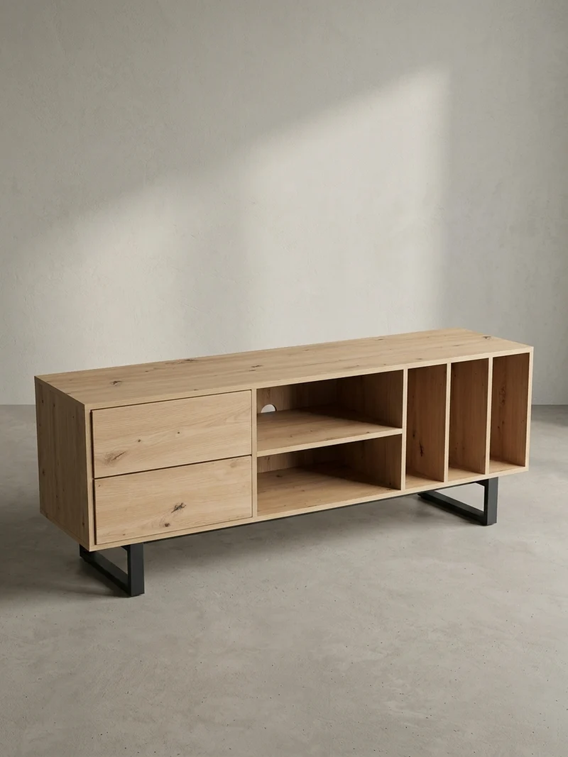 TV-Lowboard mit Eiche-Dekor, Schubladen und offenes Regal, modern