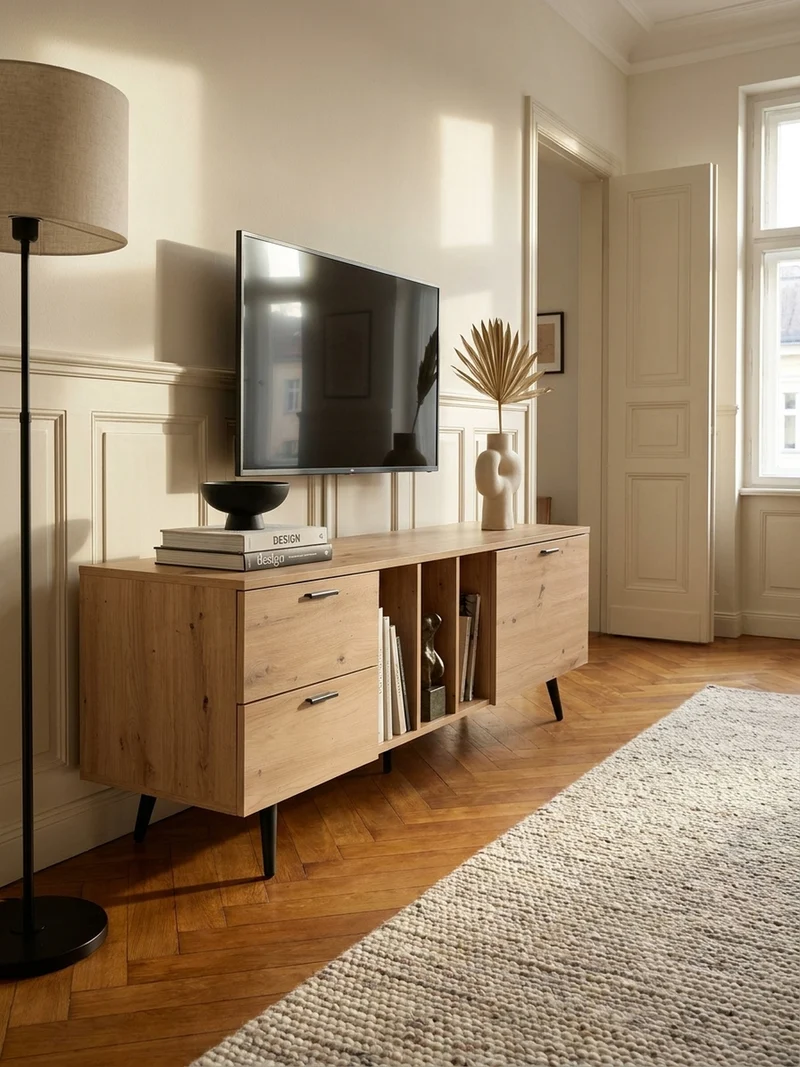 TV-Lowboard mit Eiche-Dekor, Tür und Schubladen, kompakte Aufteilung