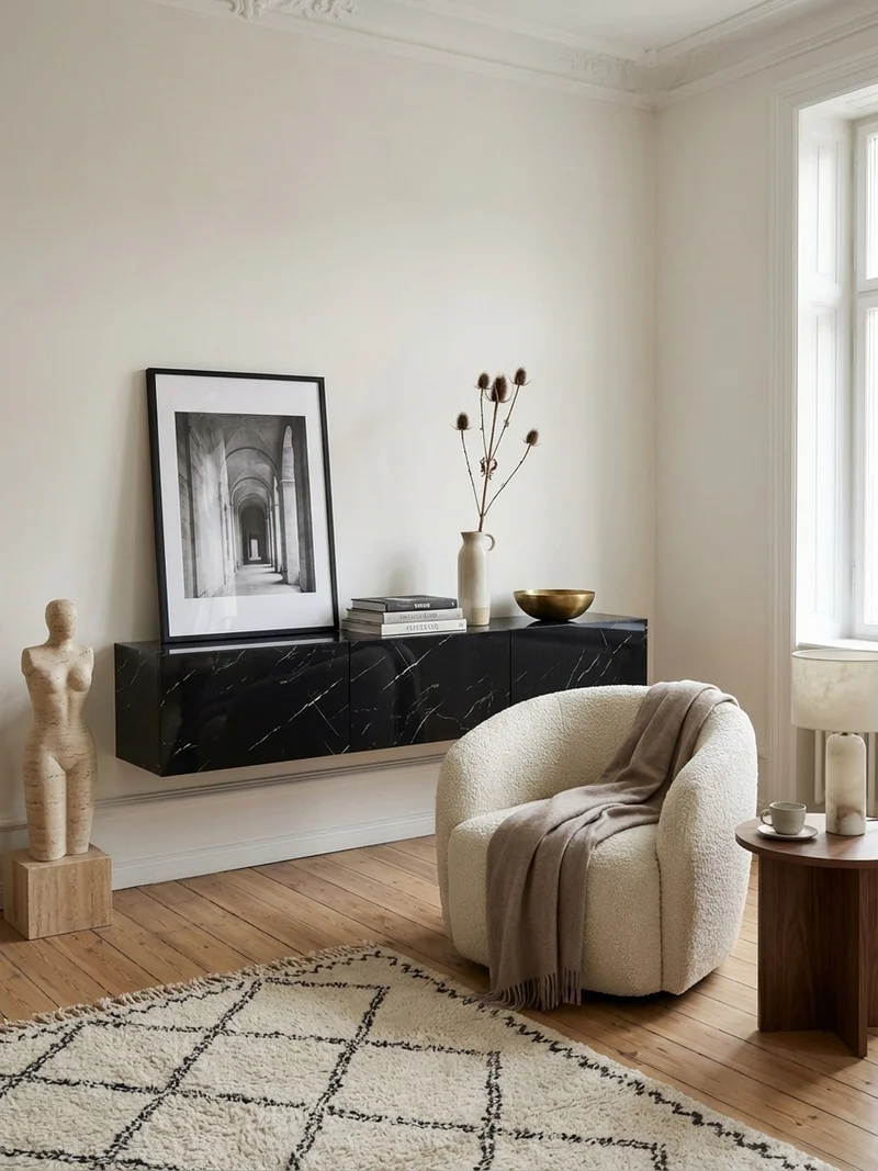 TV-Lowboard hängend groß, Marmor-Optik, Klapptüren, modern