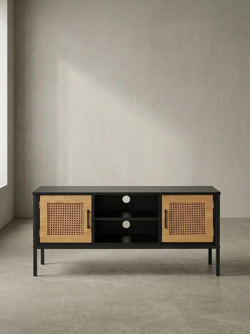 Lowboard Schwarz Eiche-Dekor Zeitloser Stil 110x48x40 cm mit Wiener Geflecht und Türen