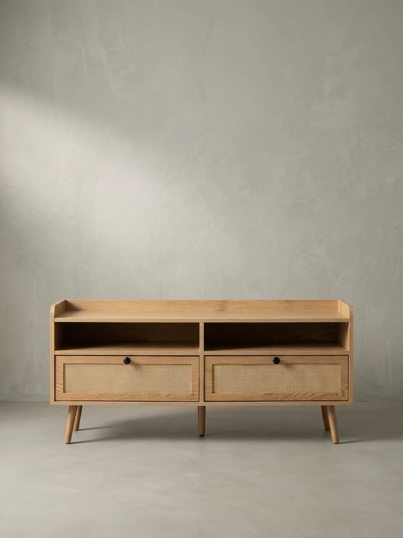 Lowboard Eiche-Dekor Rattan Modern Stil 120x56x39 cm mit Schubladen