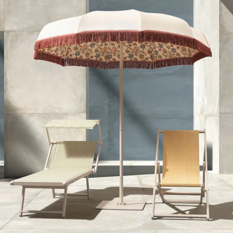 Casa Padrino Luxus Sonnenschirm im 70er Jahre Stil mit Blumen Design Naturfarben / Bunt / Weinrot Ø 220 x H. 240 cm - Made in Italy