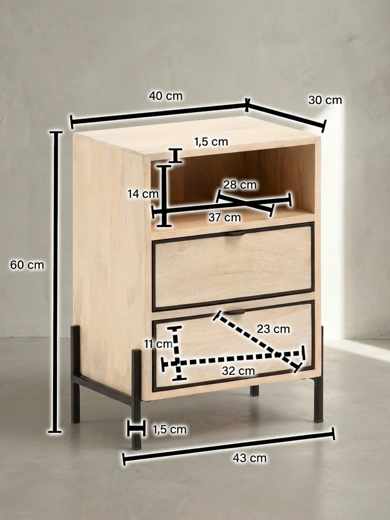 Nachttisch – Mango Massivholz/Metall, 43x60x30 cm, 2 Schubladen, braun