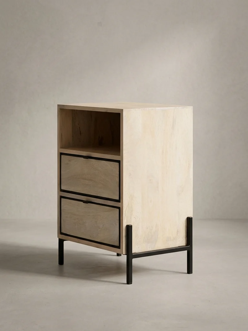 Nachttisch – Mango Massivholz/Metall, 43x60x30 cm, 2 Schubladen, braun
